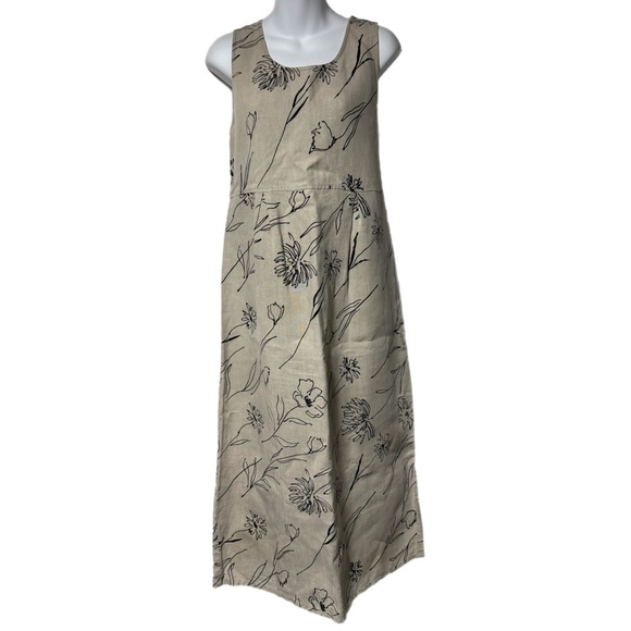 JohnPaulRichard Dresses & Skirts - Vtg John Paul Richard Sleeveless Linen Artsy Lagenlook Tan Flower Maxi Dress M